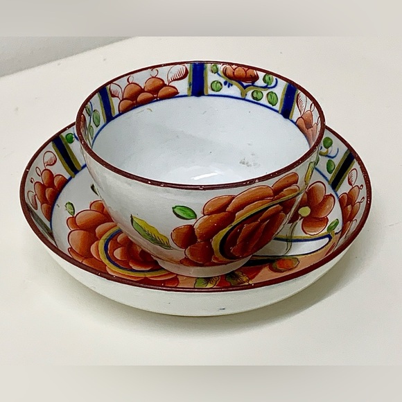 19th Century Antique Gaudy Dutch Oyster Pattern Handleless Teacup & Saucer Set - Picture 2 of 12